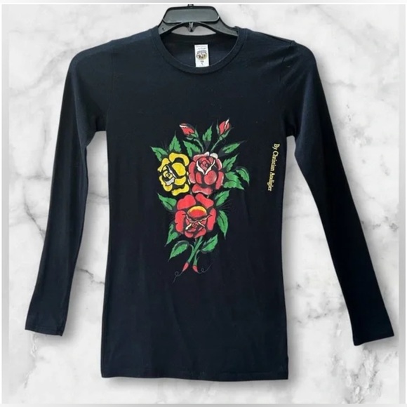 Ed Hardy by Christian Audigier Long Sleeve Rose Bouquet Tattoo Graphic Tee Sz S - Picture 2 of 10